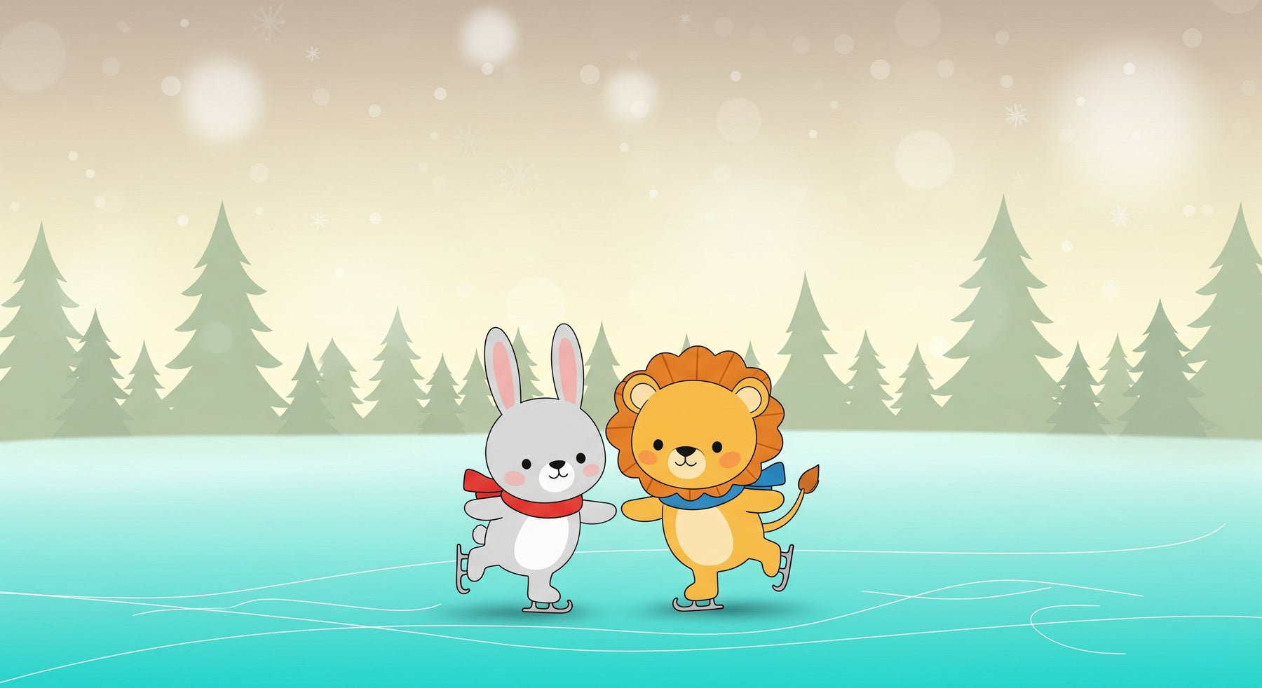 Detailed winter ice skating animals mural wallpaper design pattern featuring rabbit and lion by Kids-Mundo