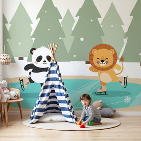 Winter animals mural wallpaper with ice skating panda and lion in cozy nursery setting by Kids-Mundo