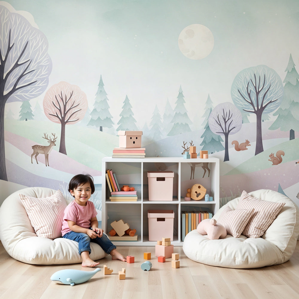 Winter animals mural wallpaper with deer and rabbits in baby nursery by Kids-Mundo