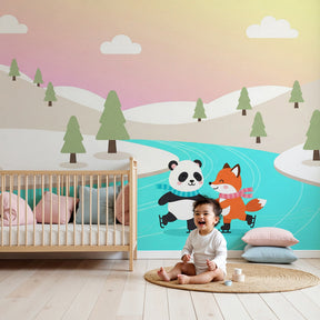 Winter animals mural wallpaper with ice skating panda and fox in modern nursery by Kids-Mundo