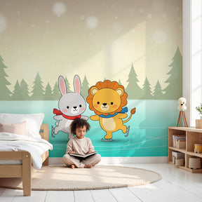Winter ice skating animals mural wallpaper in cozy nursery with wooden furniture by Kids-Mundo