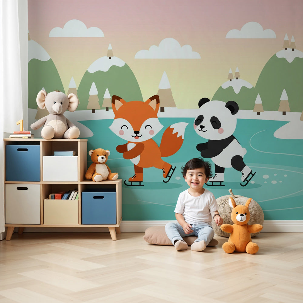 Winter animals mural wallpaper with fox and panda ice skating in cozy nursery by Kids-Mundo