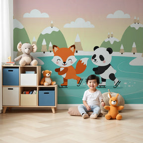 Winter animals mural wallpaper with fox and panda ice skating in cozy nursery by Kids-Mundo
