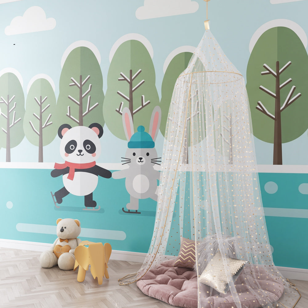 Charming winter scene mural wallpaper featuring skating animals in bright children's playroom