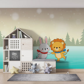Winter woodland animals skating scene mural wallpaper for kids playroom by Kids-Mundo