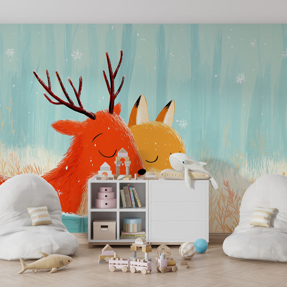 Enchanting winter woodland mural wallpaper creating magical atmosphere in kids playroom