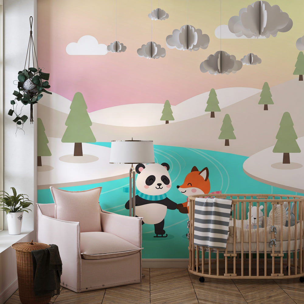 Winter themed panda and fox mural wallpaper transforming kids playroom into winter wonderland
