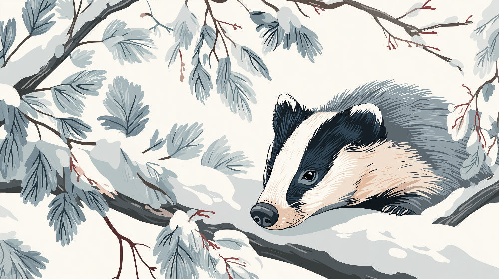 Detailed winter badger mural wallpaper design pattern showing snowy branches by Kids-Mundo