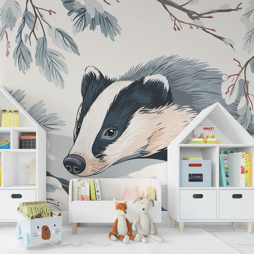 Nature themed badger mural wallpaper transforming kids room into woodland sanctuary