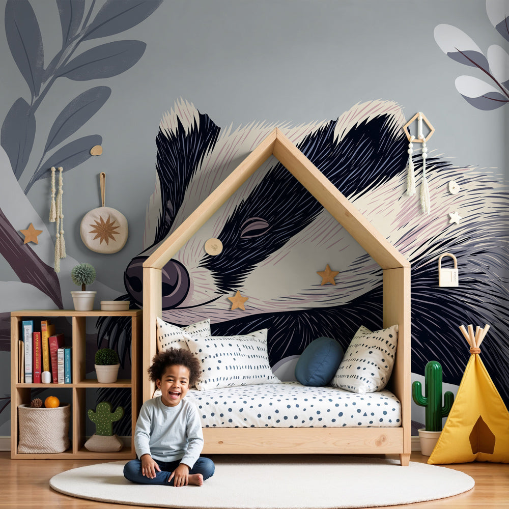Winter badger mural wallpaper in cozy nursery setting with natural wood furniture by Kids-Mundo