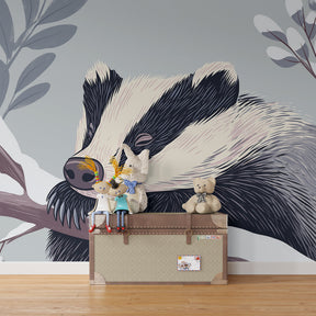 Winter animal wallpaper transforming kids reading corner with peaceful badger and snowflakes