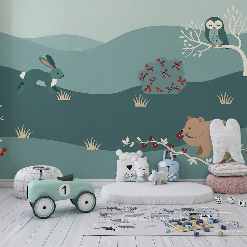 Kids-Mundo muted blue woodland wall mural with fox and owl in a child's bedroom