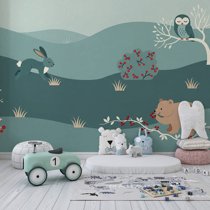 Kids-Mundo muted blue woodland wall mural with fox and owl in a child's bedroom