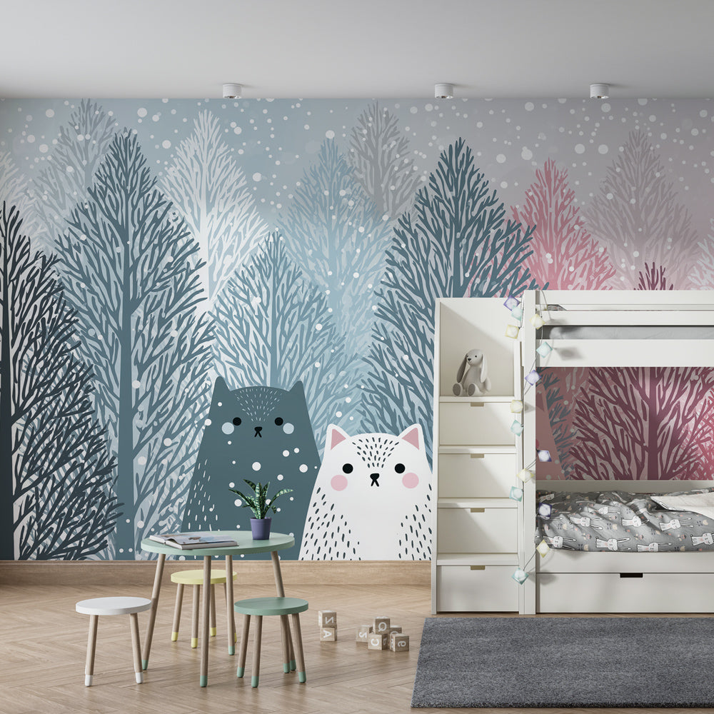 Forest cats wallpaper creating magical winter scene in children's bedroom