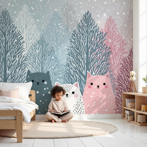 Winter cats mural wallpaper in cozy nursery with wooden crib by Kids-Mundo