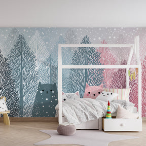 Snowy forest cats mural wallpaper transforming kids playroom into winter wonderland