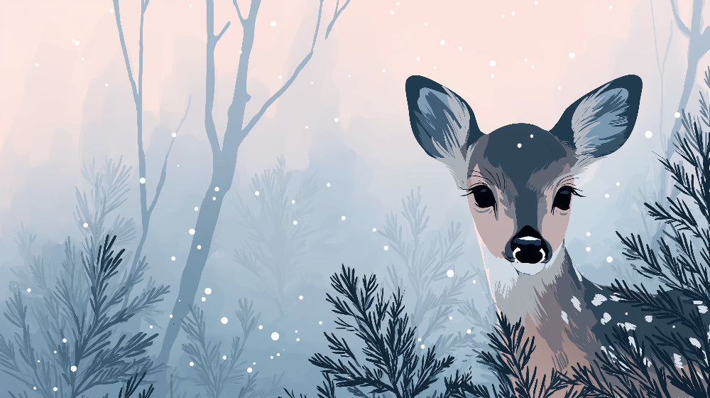 Detailed winter deer mural wallpaper design pattern showing fawn in snowy forest by Kids-Mundo