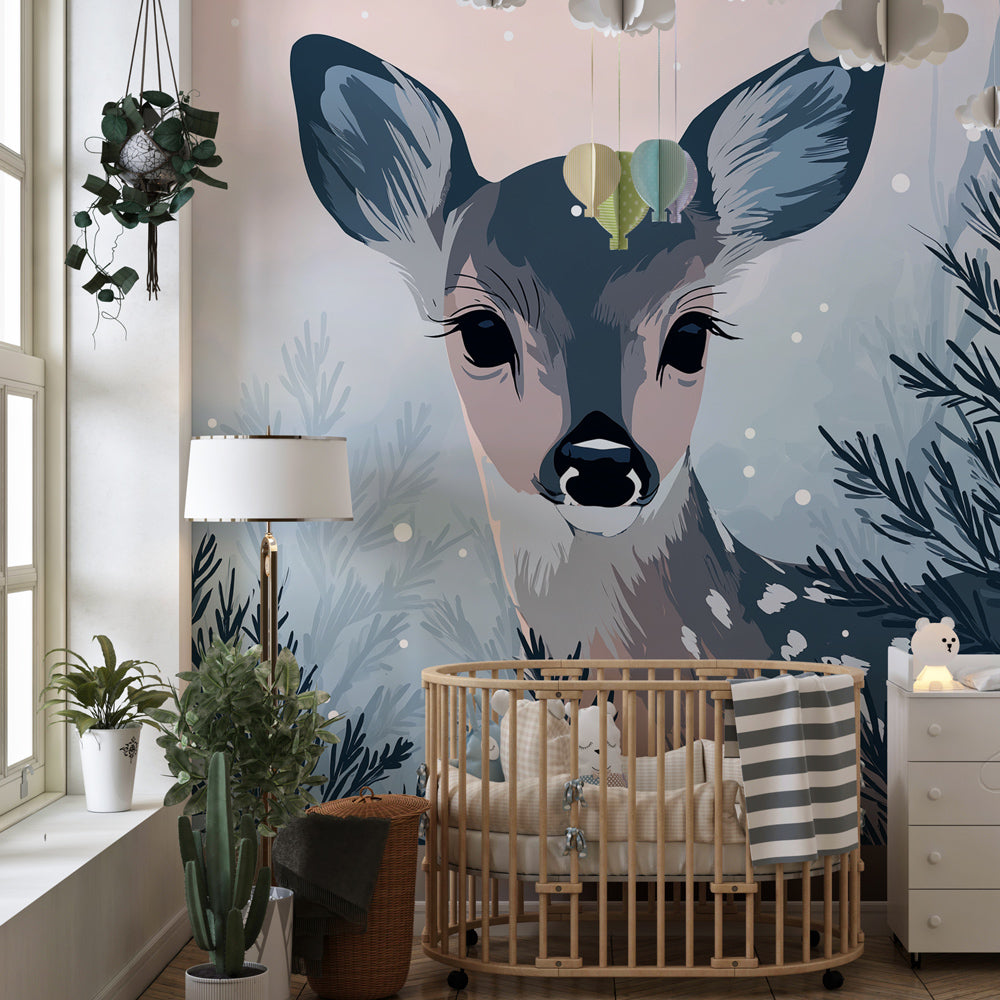 Snowy forest deer wallpaper creating magical winter atmosphere in children's bedroom