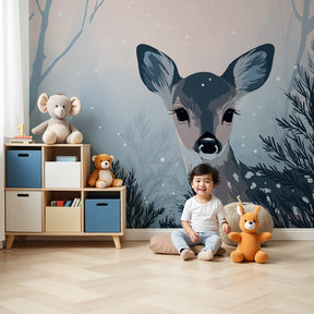 Winter deer mural wallpaper in cozy baby nursery with wooden crib by Kids-Mundo