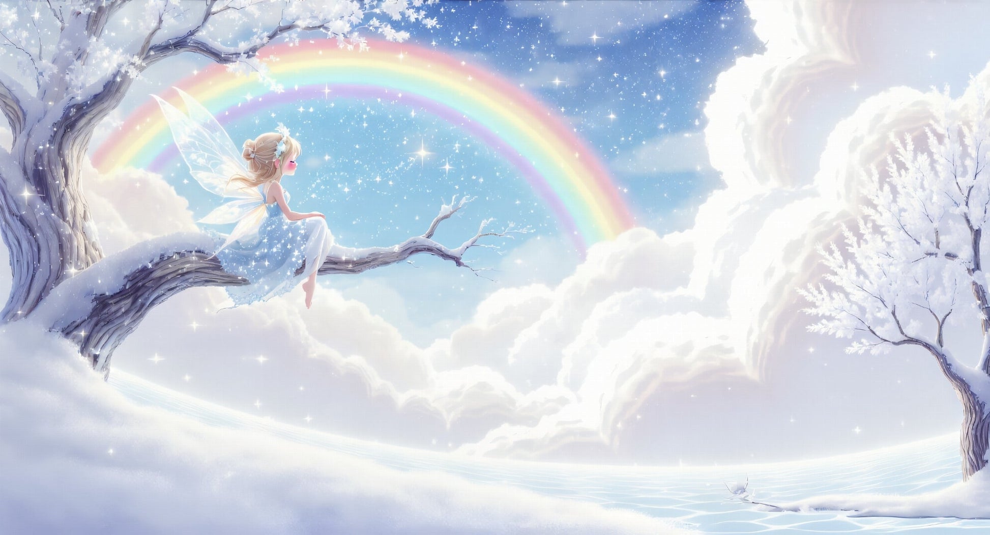 Flat artwork of the Kids-Mundo winter fairy wall mural with snowy branch, rainbow and stars