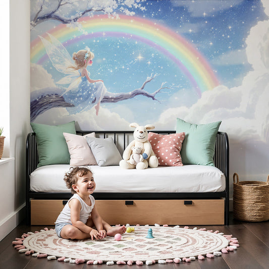 Kids-Mundo winter fairy wall mural styled behind a cot in a soft pale blue nursery