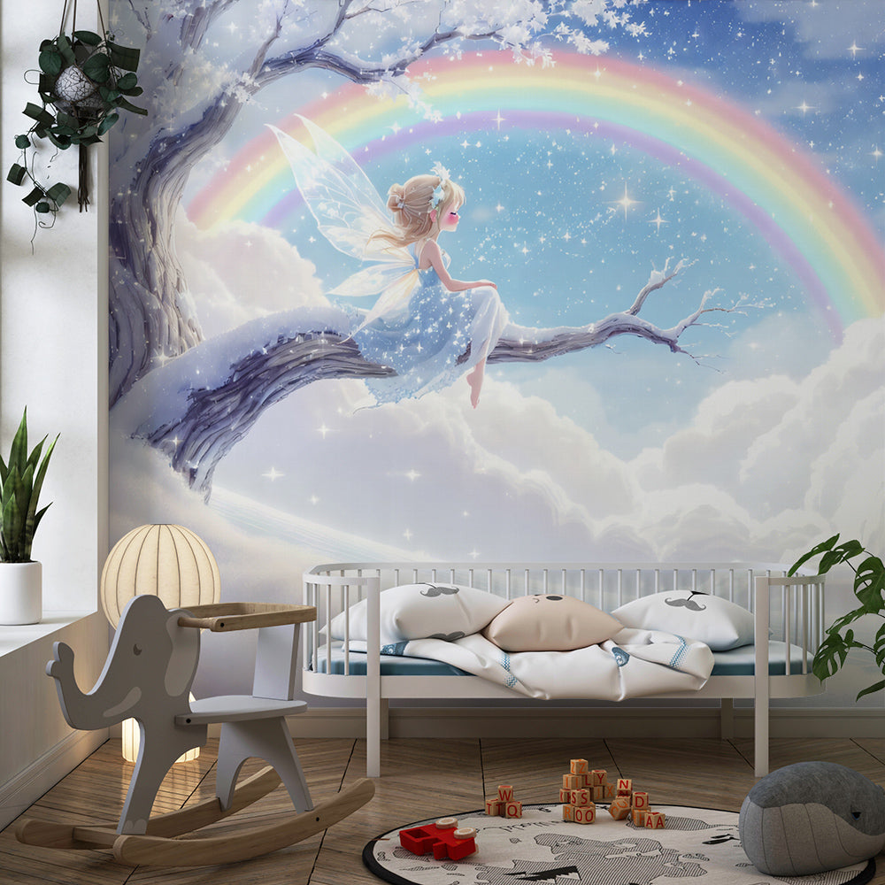 Kids-Mundo snowy fairy wall mural covering a feature wall in a magical playroom