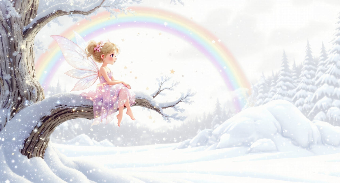 Kids-Mundo flat artwork of a fairy on a snowy branch beneath a pastel rainbow