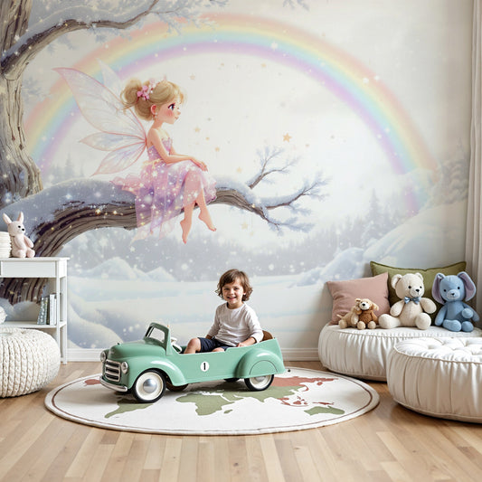 Kids-Mundo fairy on a snowy branch wall mural styled in a soft, magical nursery
