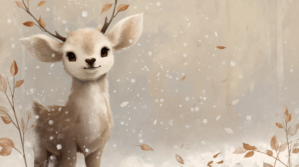 Detailed winter fawn mural wallpaper design pattern with snowy woodland scene by Kids-Mundo