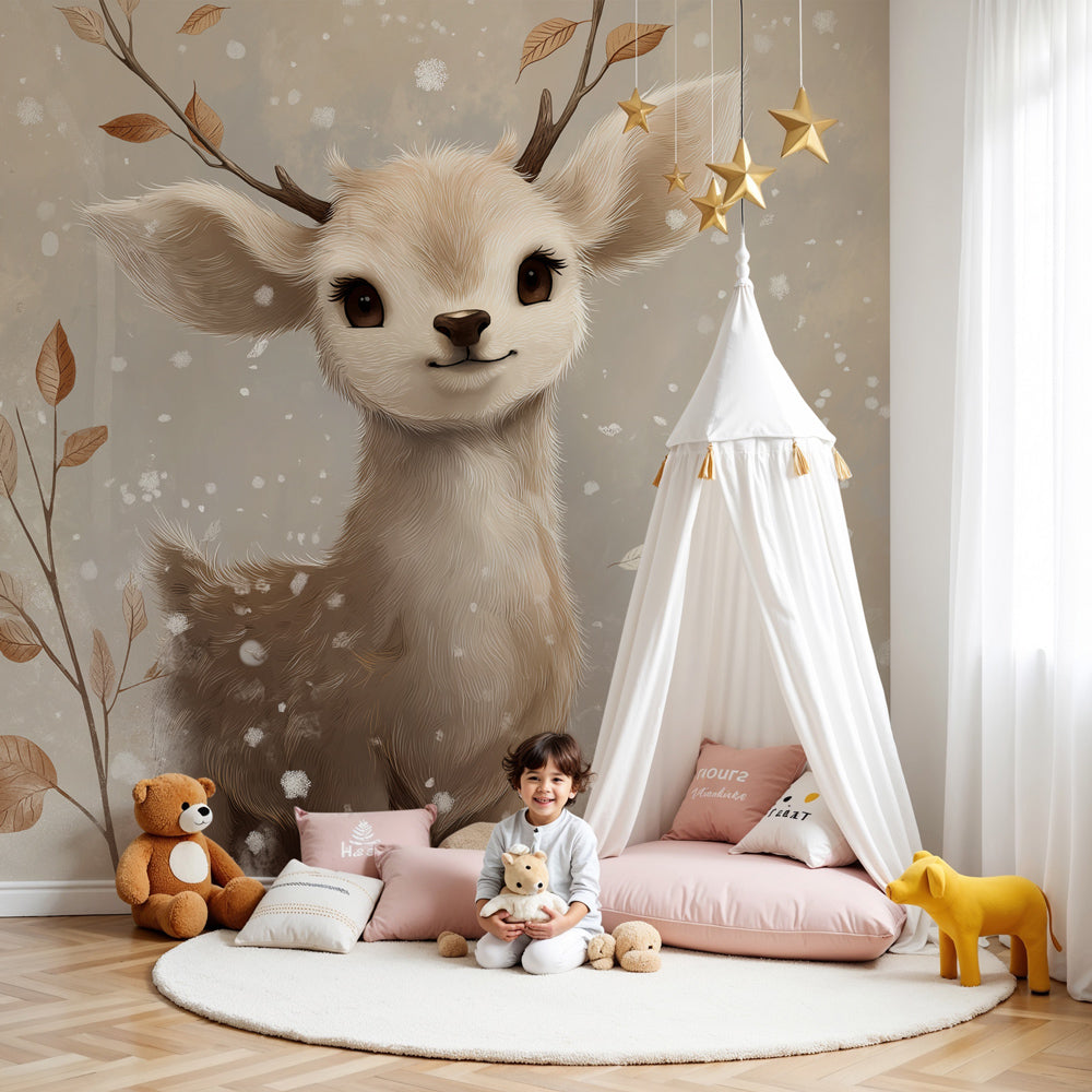 Winter fawn mural wallpaper in cozy nursery setting with wooden crib by Kids-Mundo
