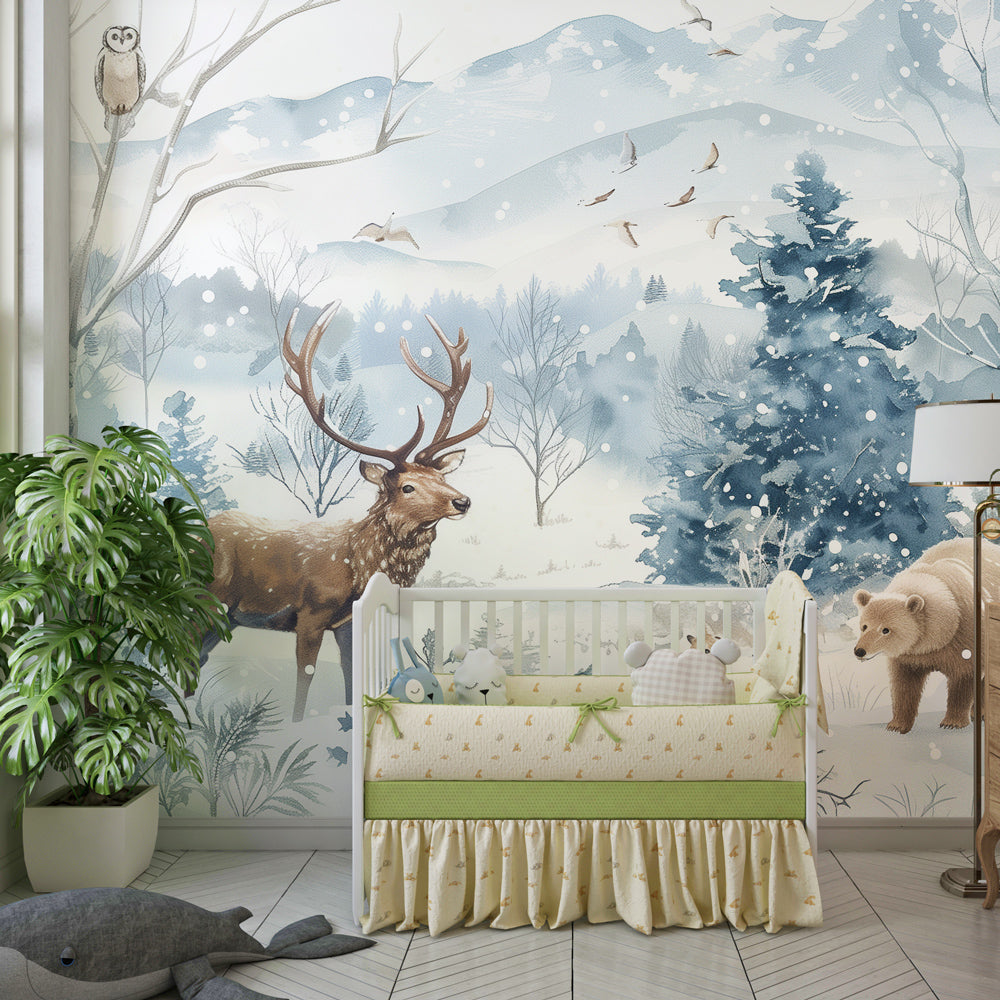 Kids-Mundo winter woodland wall mural with deer and bear on a kids bedroom feature wall.
