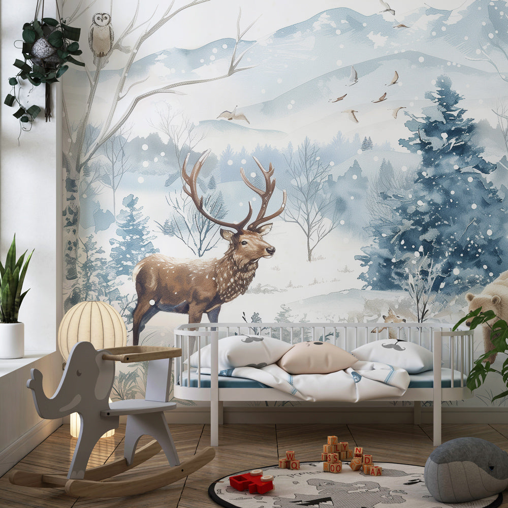 Kids-Mundo snowy forest wall mural bringing woodland animals into a bright playroom.