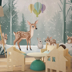 Woodland animal mural wallpaper featuring deer and forest friends for baby room by Kids-Mundo