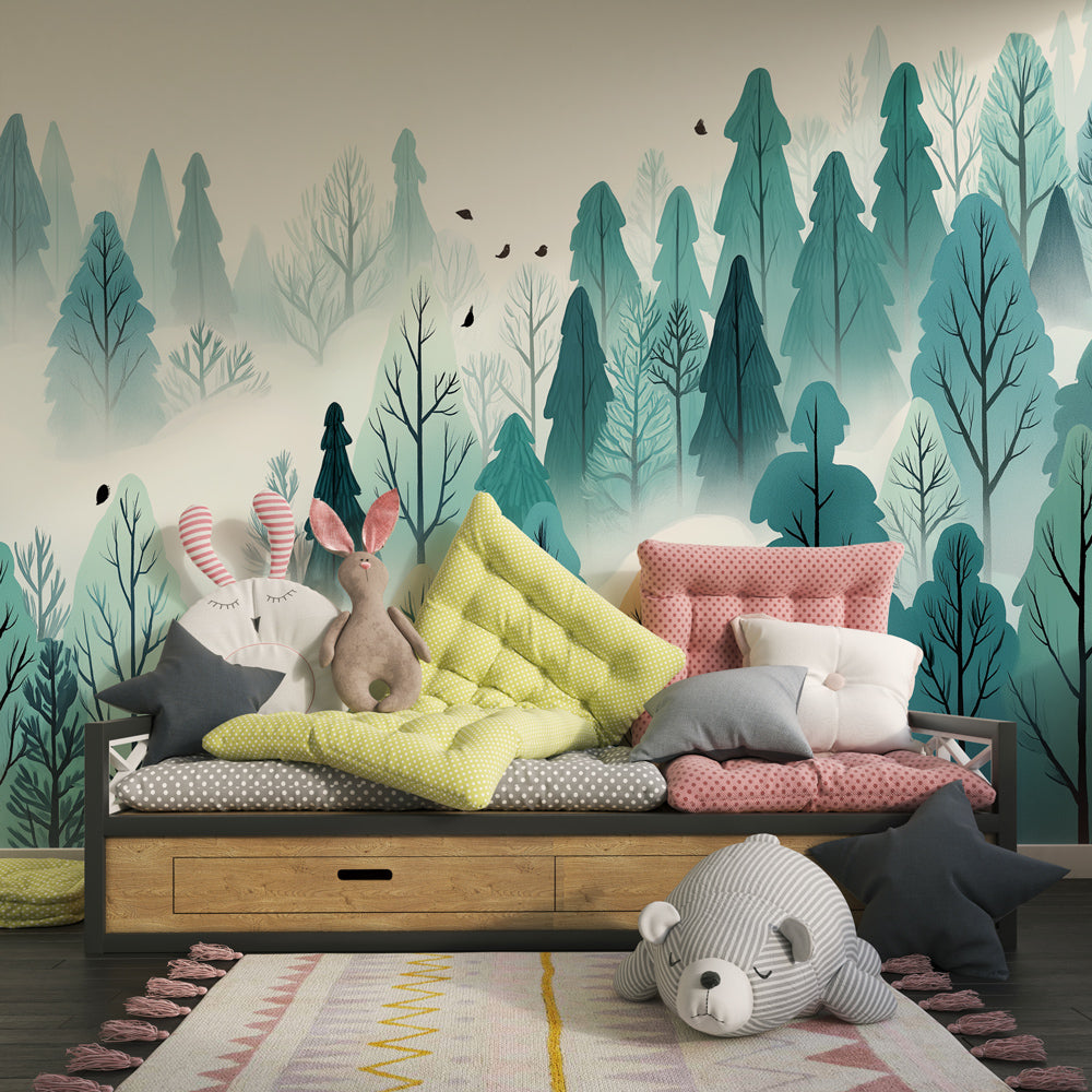 Enchanted forest wallpaper in children's bedroom with natural wood furniture by Kids-Mundo