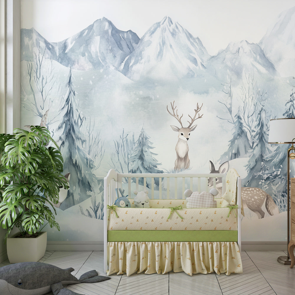 Enchanted winter forest wallpaper creating magical atmosphere in kids bedroom