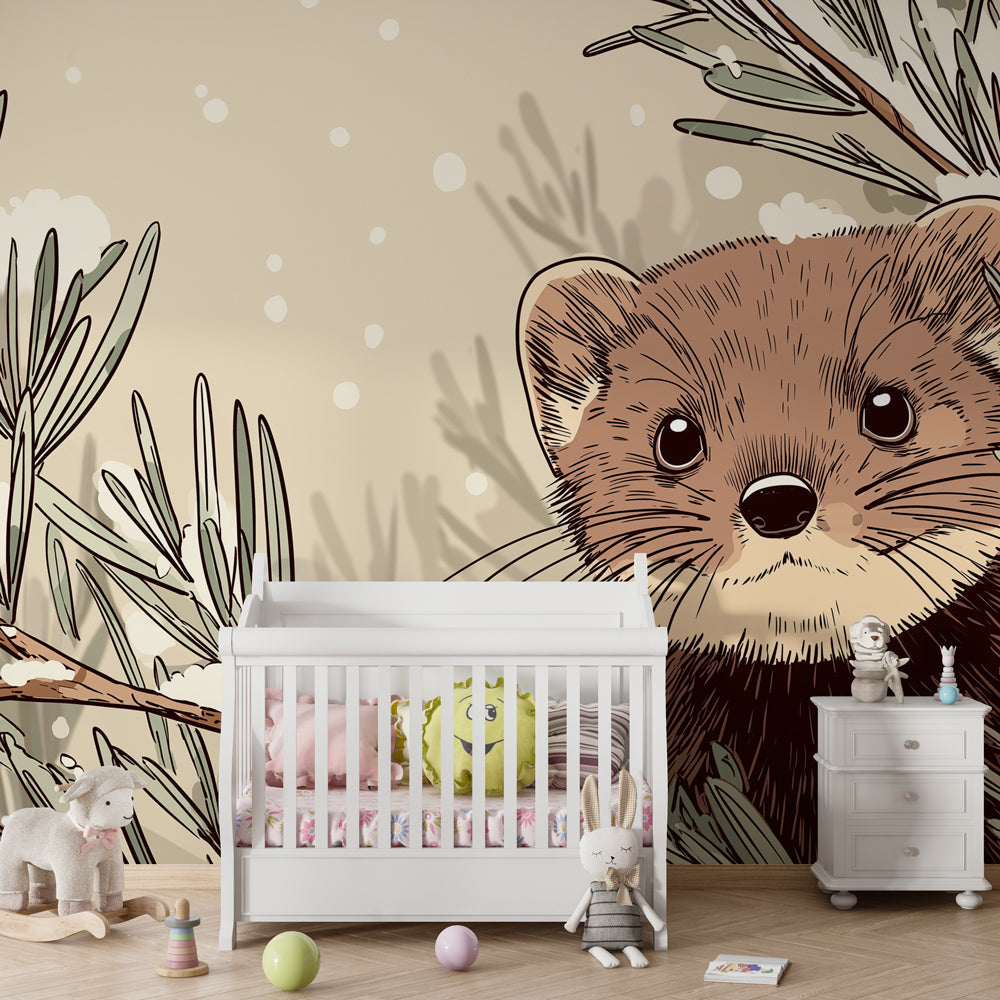 Cute woodland animal wallpaper creating cozy winter atmosphere in kids bedroom decor