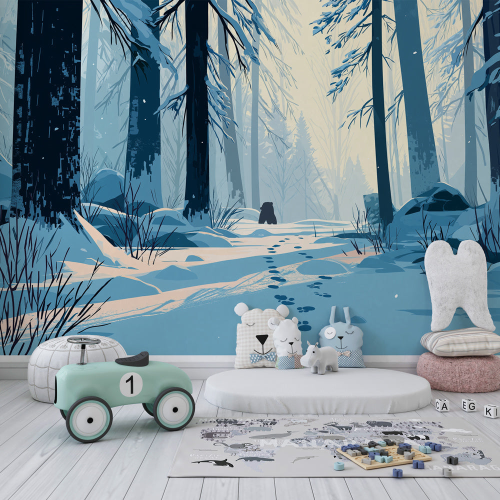 Snow-covered trees mural wallpaper in serene blue and white tones for kids room by Kids-Mundo