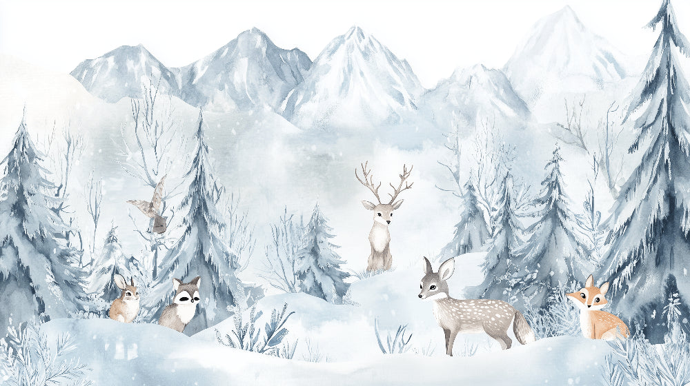 Detailed winter forest mural wallpaper design pattern with Nordic animals by Kids-Mundo
