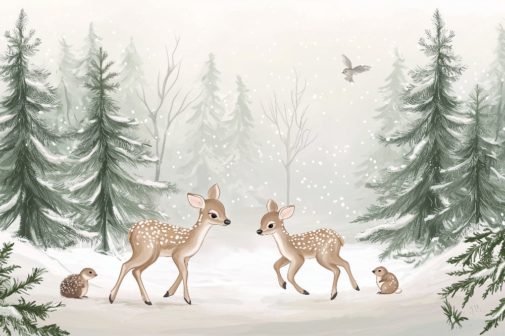 Detailed winter forest mural wallpaper design pattern with fawns and snowflakes by Kids-Mundo