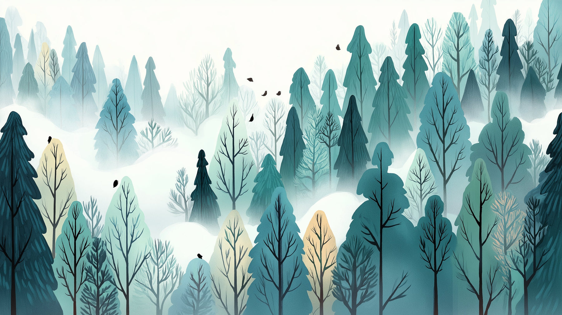 Detailed winter forest mural wallpaper design pattern with emerald trees by Kids-Mundo
