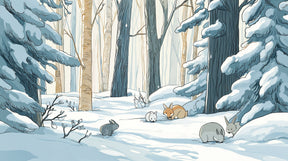 Detailed winter forest mural wallpaper design pattern with snowy trees and animals by Kids-Mundo