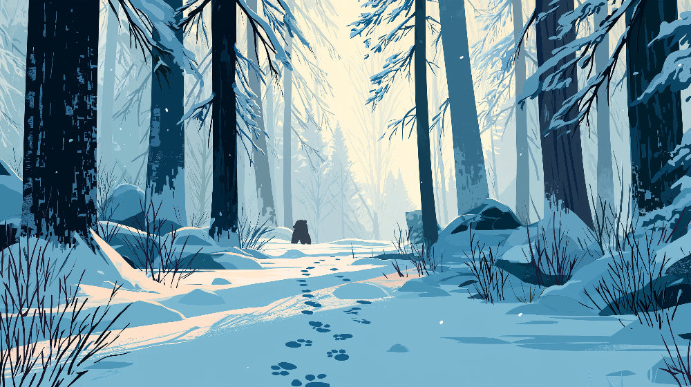 Detailed winter forest mural wallpaper design pattern with snowy trees and animal tracks by Kids-Mundo