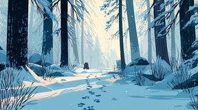 Detailed winter forest mural wallpaper design pattern with snowy trees and animal tracks by Kids-Mundo