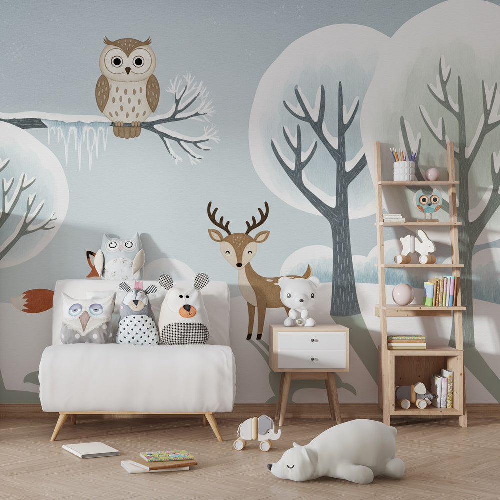 Woodland animals winter wallpaper creating peaceful atmosphere in children's bedroom