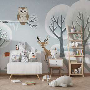 Woodland animals winter wallpaper creating peaceful atmosphere in children's bedroom