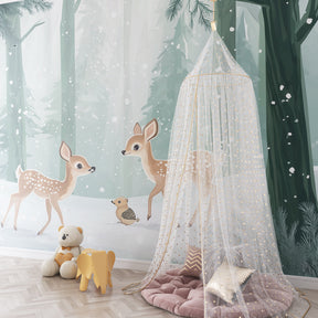 Winter forest mural wallpaper creating magical woodland atmosphere in children's bedroom