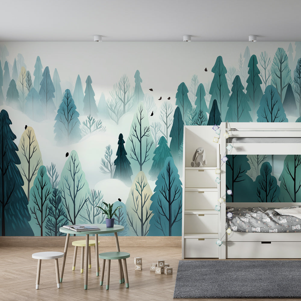 Winter woodland mural wallpaper creating magical atmosphere in kids room by Kids-Mundo