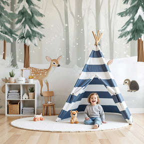 Winter forest mural wallpaper with fawns and snowflakes in modern nursery by Kids-Mundo