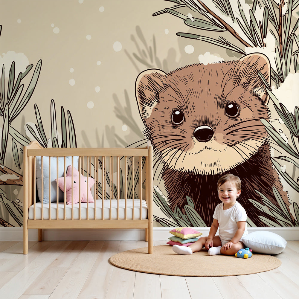 Winter forest animal mural wallpaper in modern nursery with natural wood furniture by Kids-Mundo