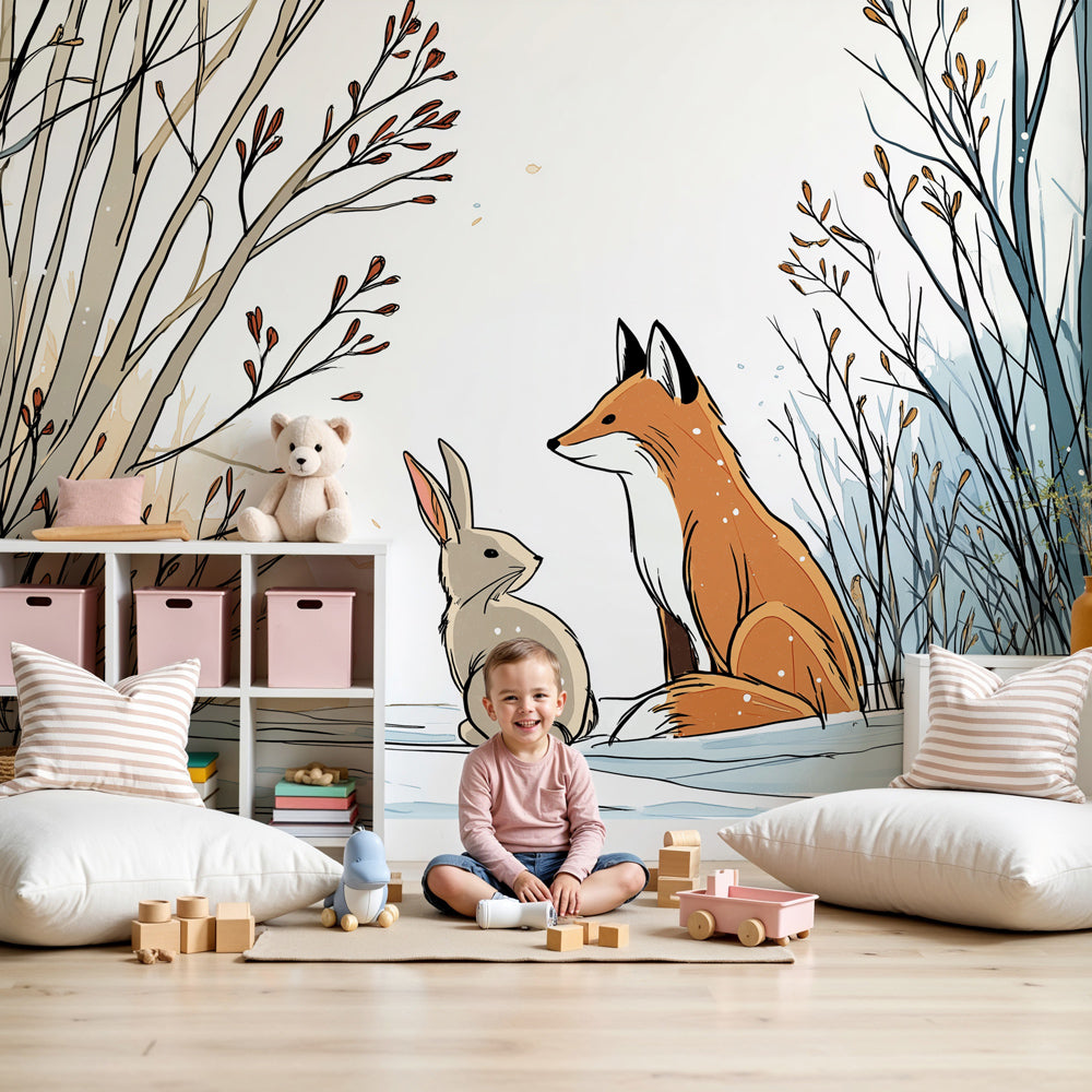 Winter forest fox and rabbit mural wallpaper in cozy nursery setting by Kids-Mundo